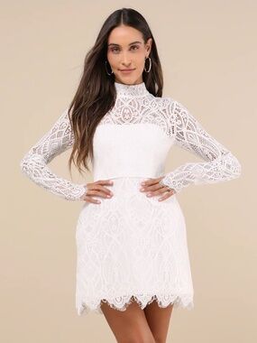 Lulus Gorgeous Attraction White Lace Structured Long Sleeve Mini Dress L
